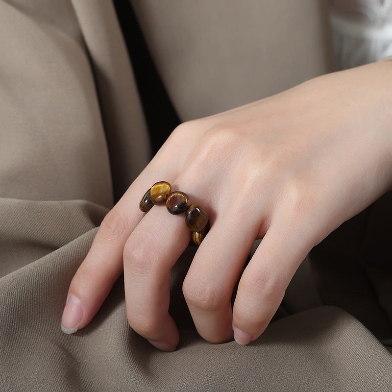 Tiger's Eye Stone Elastic Rope Ring - Elegant Everyday Genie Jewelry for Women