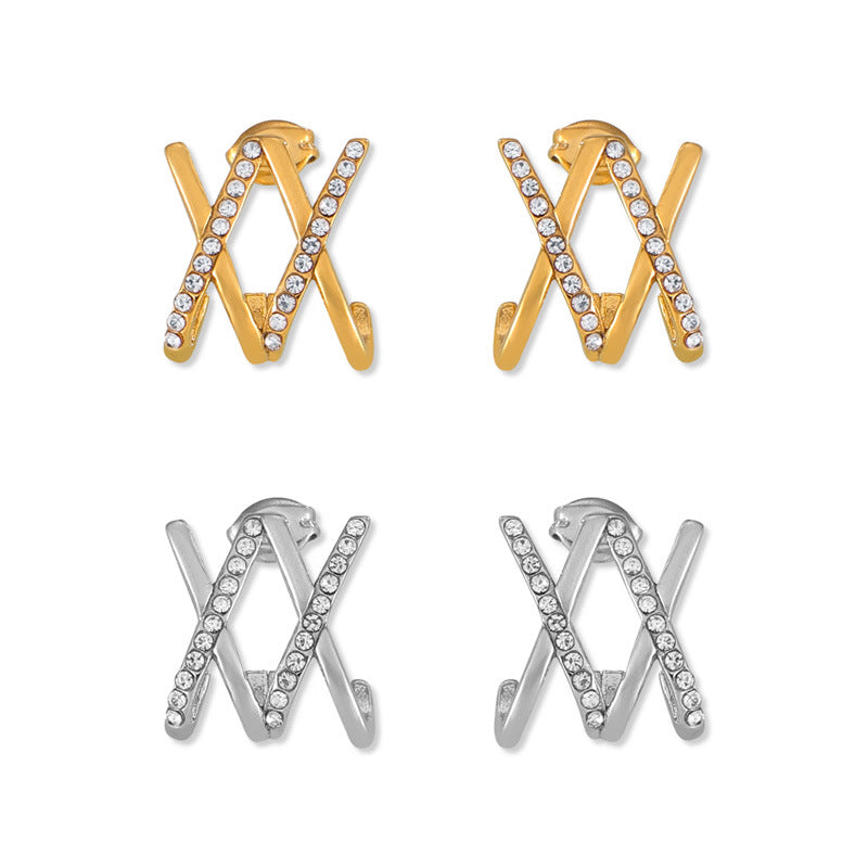 Golden Cross Titanium Stud Earrings with Zircon Embellishments