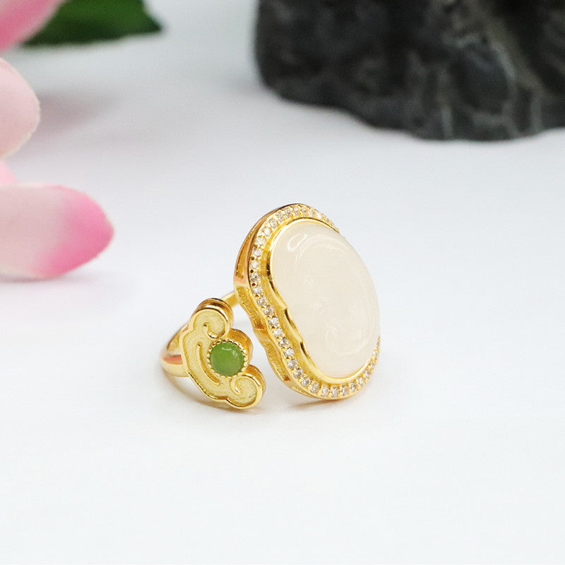 White and Green Jade Ruyi Symbol Sterling Silver Ring - Fortune's Favor