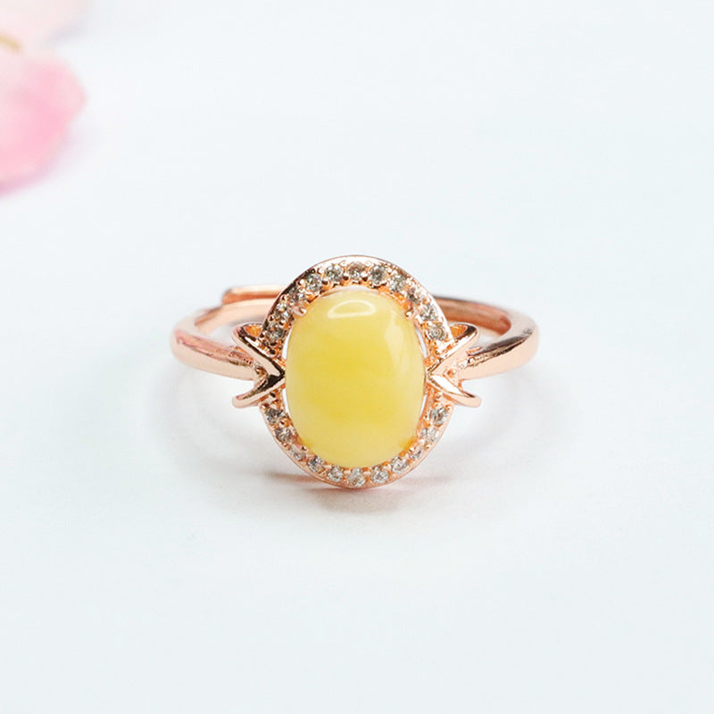 Golden Halo Adjustable Ring with Beeswax Amber Gem
