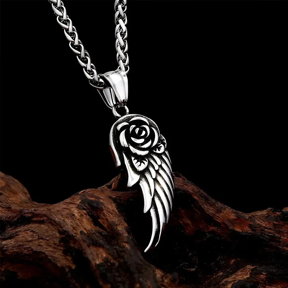 Rose Feather Stainless Steel Men's Pendant Necklace