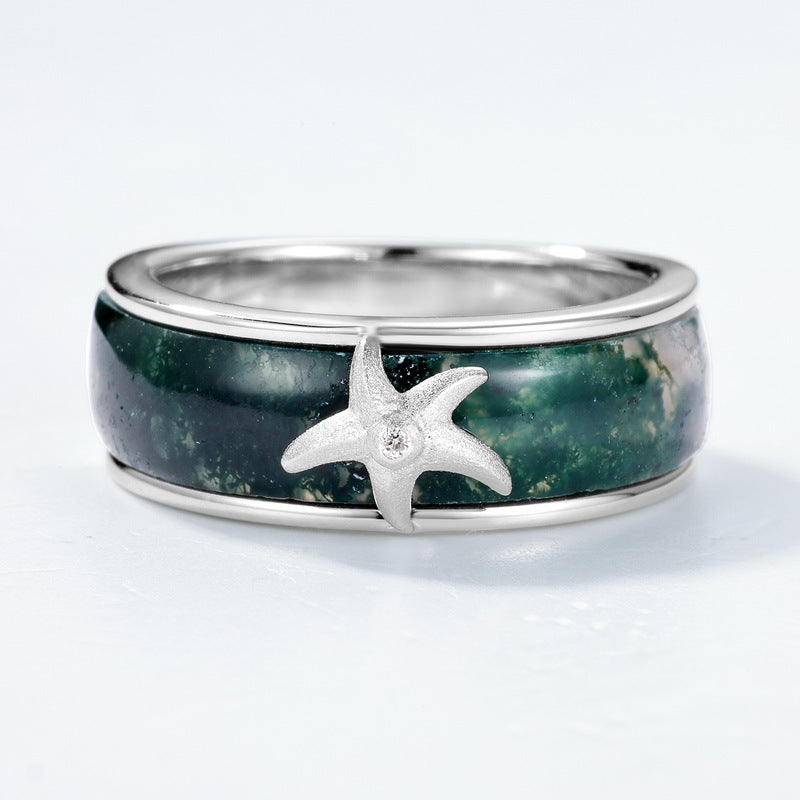 Planderful Jewelry Sterling Silver Starfish Ring With Green Moss Agate S925 Elegance