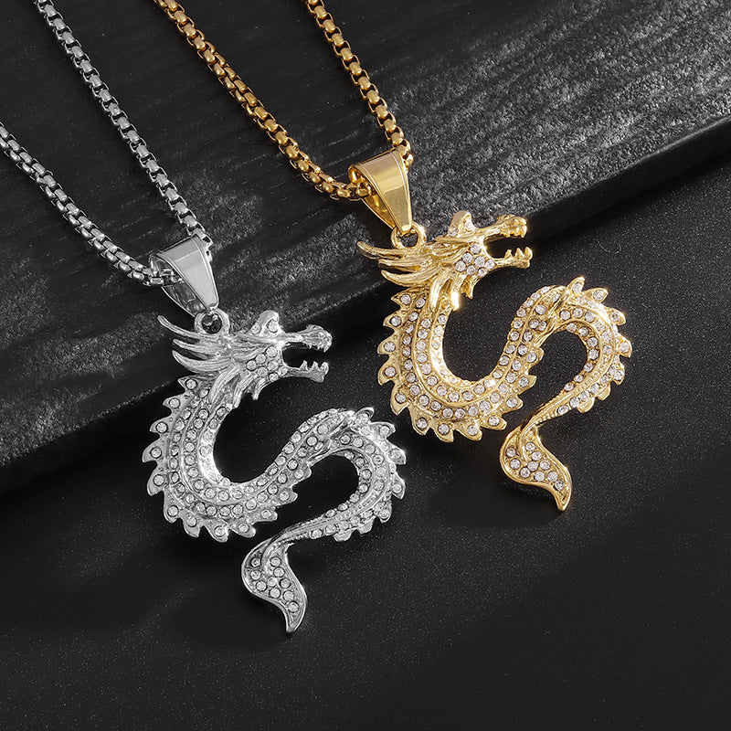 Dragon Zodiac Pendant Necklace Titanium Steel Gold Plated Zircon by Planderful Everyday Genie for Hip Hop Fans