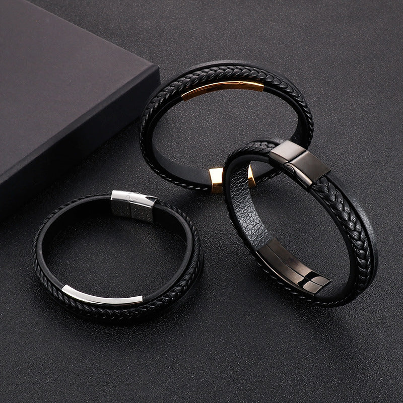 Planderful Everyday Genie Mens Leather Steel Curved Bracelet