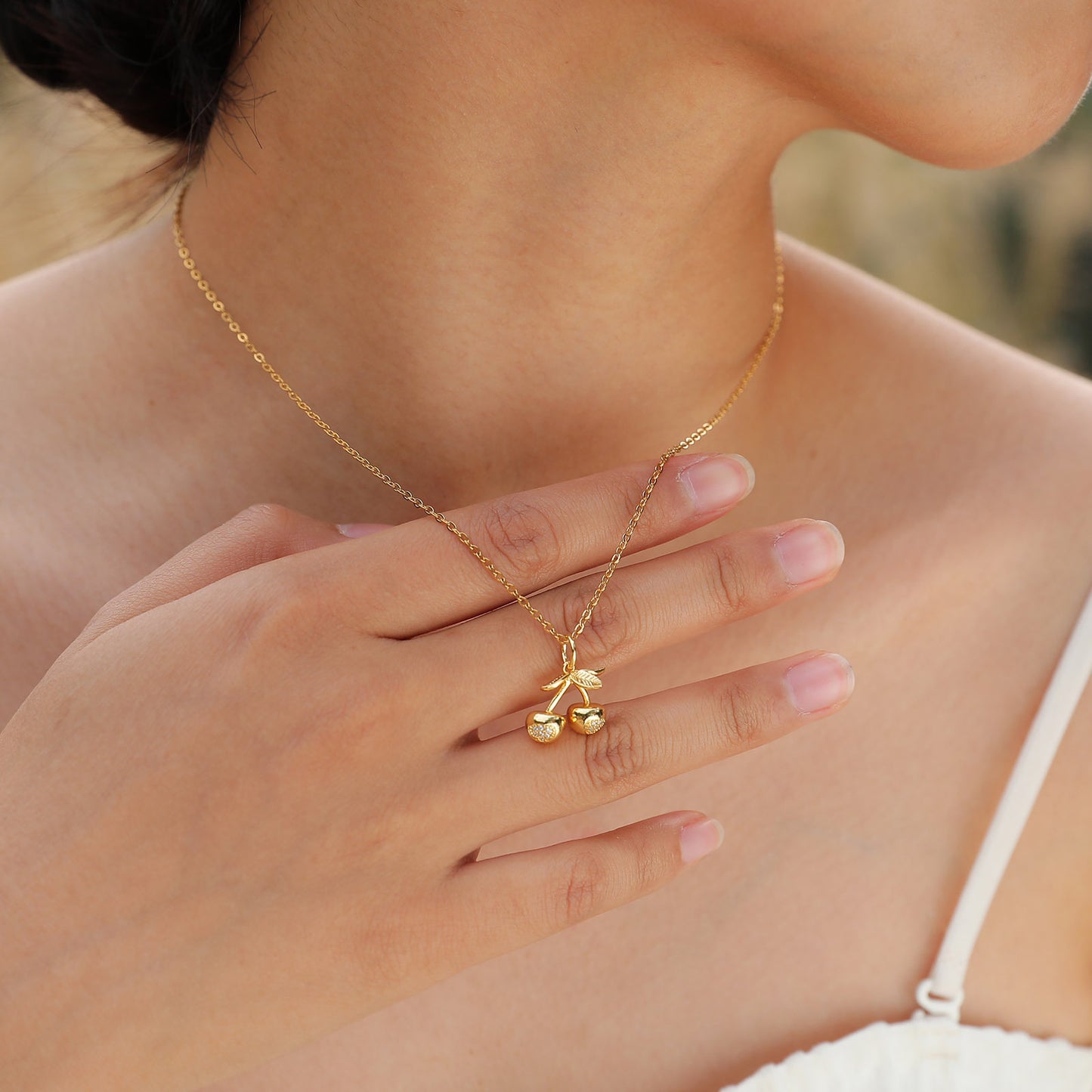 18K Gold Necklace Women's Personality Zircon Cherry Pendant Jewelry