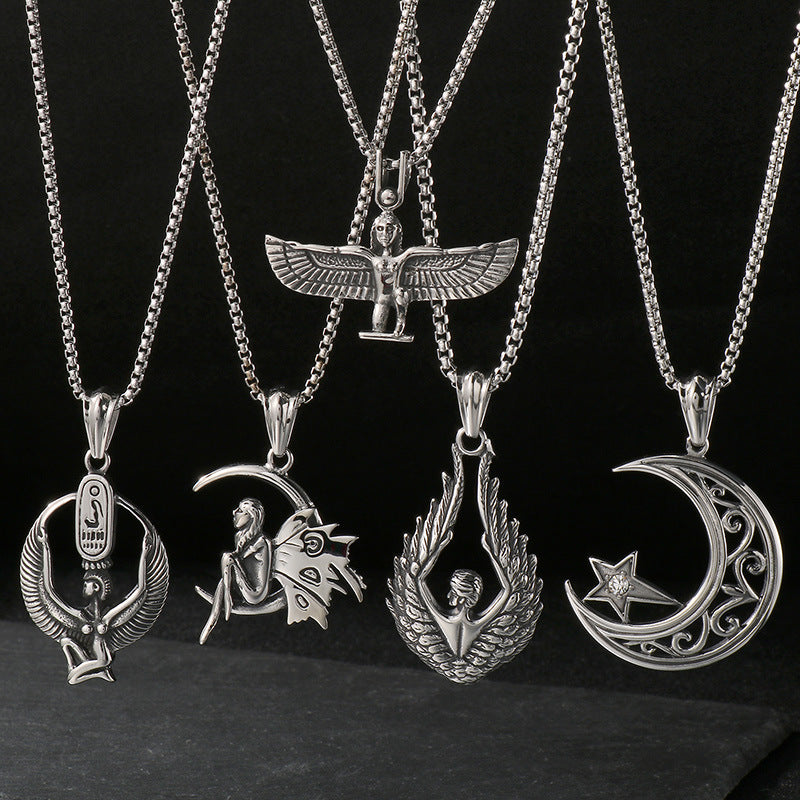 Planderful Retro Mens Titanium Steel Necklace Wings Pendant