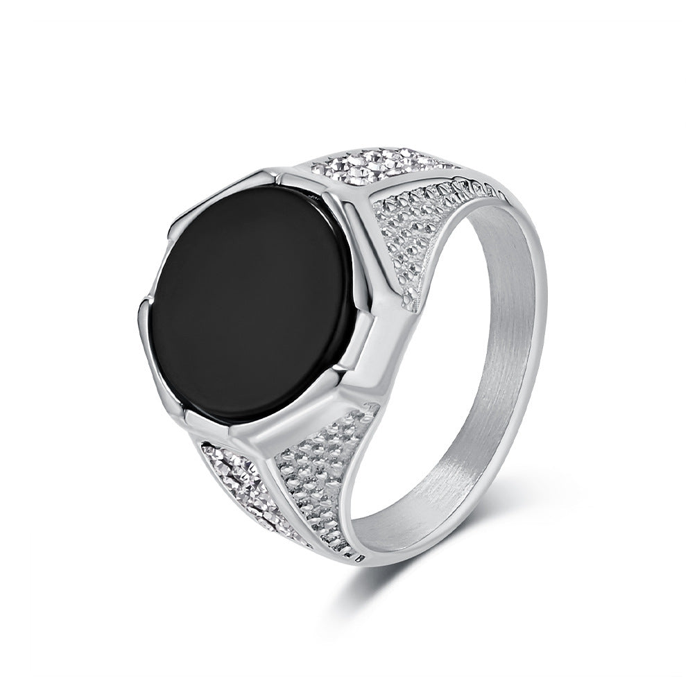 Planderful Black Gemstone Titanium Steel Ring For Men Durable Luxury European American Style Jewelry