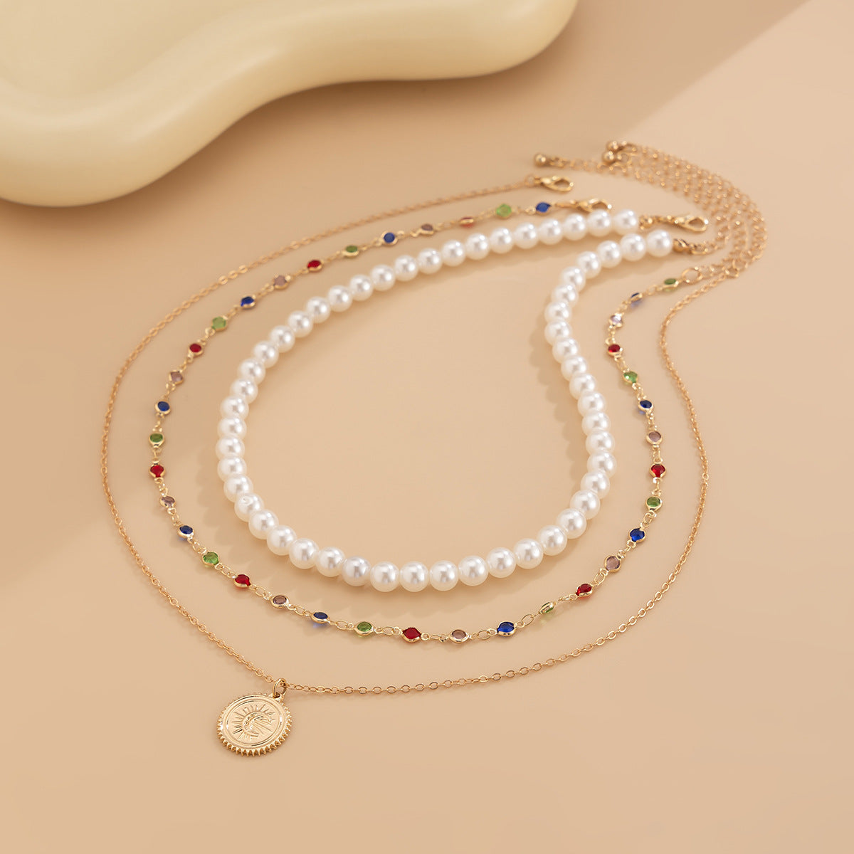 Pearl & Crystal-Style Moon Layered Necklace