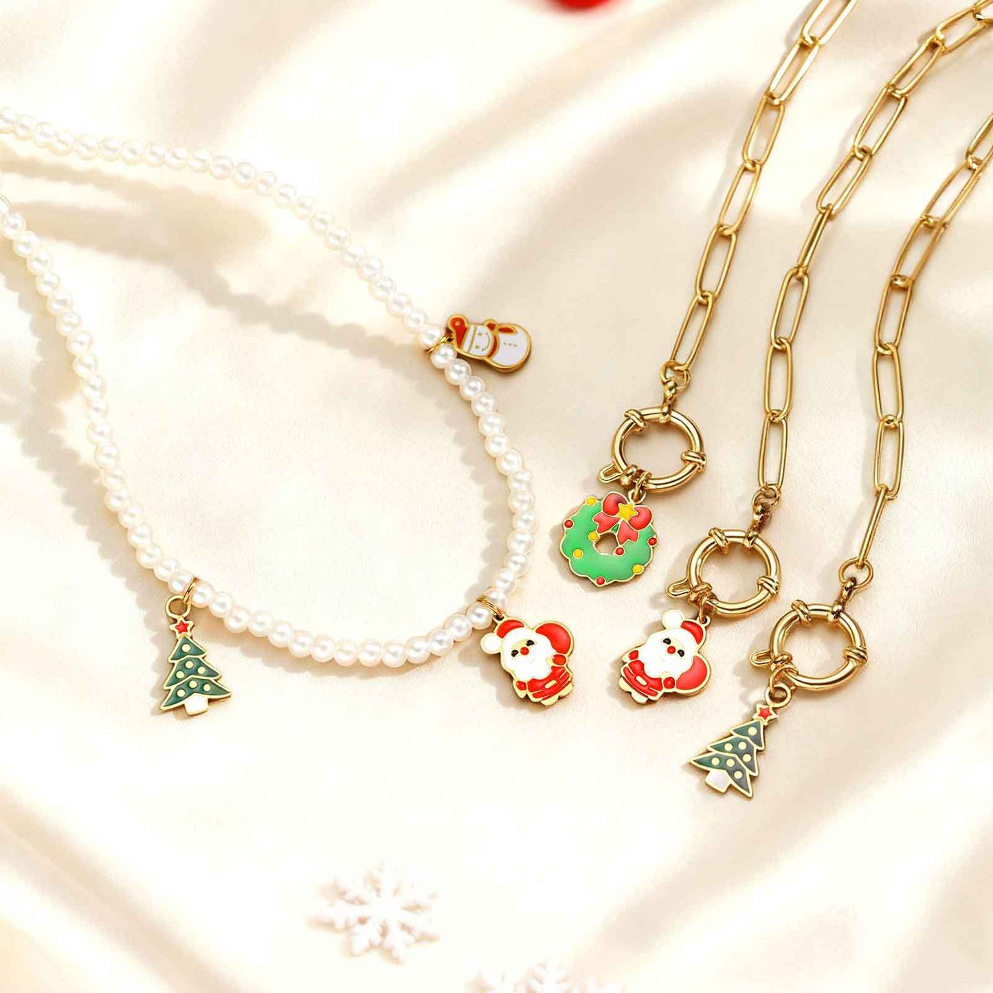 Stainless Steel Autumn & Winter Santa Claus Christmas Tree Snowman Imitation Pearl Necklace