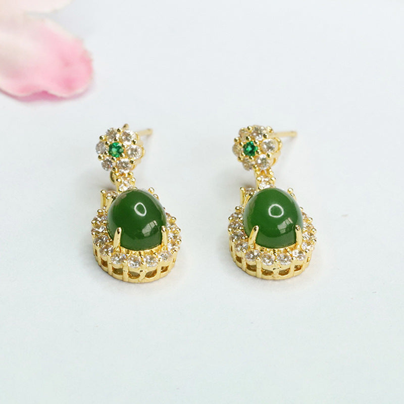 Green and White Zircon Sterling Silver Earrings with Jade Gemstones