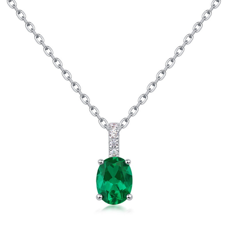 S925 Sterling Silver Lab-Grown Emerald Oval Vintage-Inspired Necklace