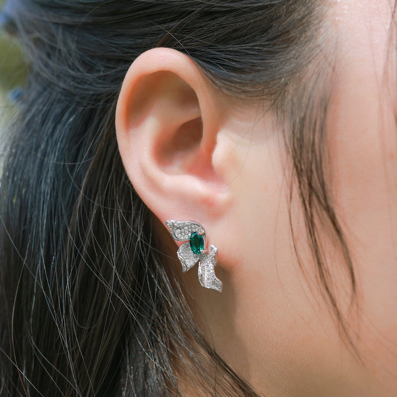S925 Sterling Silver Lab-Grown Emerald Flower Stud Earrings