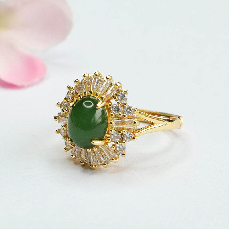 Green Jade Sterling Silver Ring with Zircon Halo