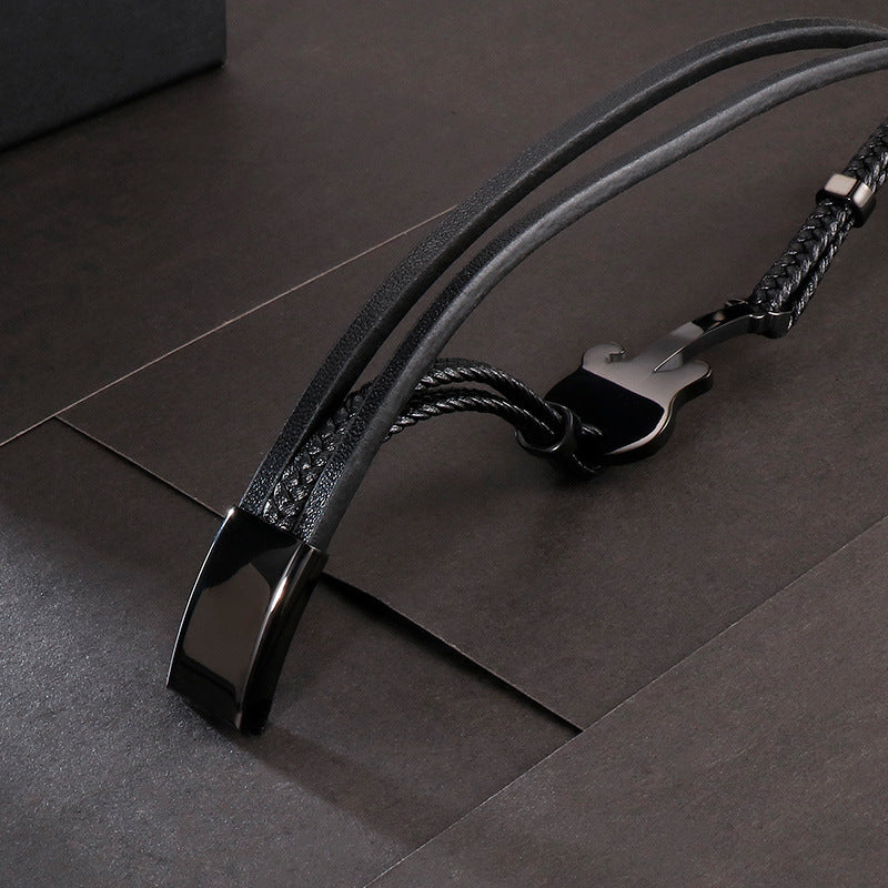 Planderful Titanium Steel Mini Guitar Leather Bracelet Men
