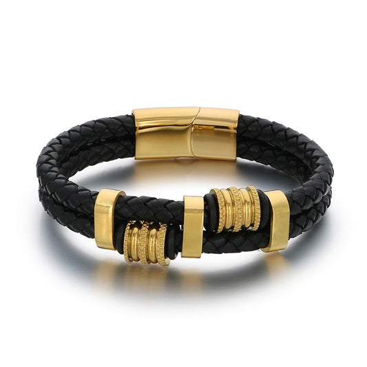 Business Style Double-Strand Woven Leather Rope Bracelet – Punk Stainless Steel Beaded