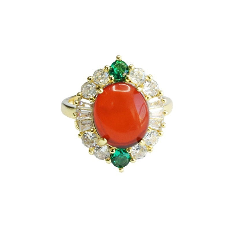 Blood Amber Oval Ring with Zircon Petals Halo, Sterling Silver and Beeswax Amber Jewelry