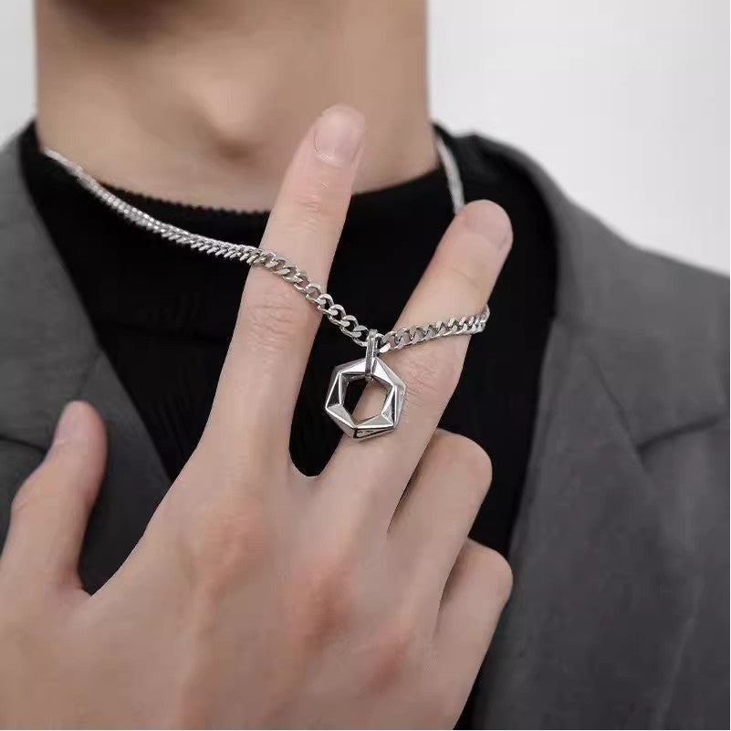 Planderful Titanium Cuban Chain Necklace Geometric Pendant