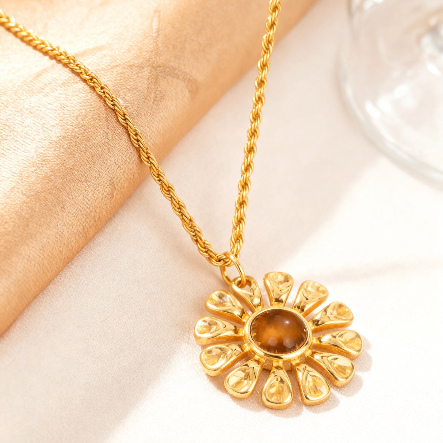 Stainless Steel French Flower Natural Tiger's Eye Necklace