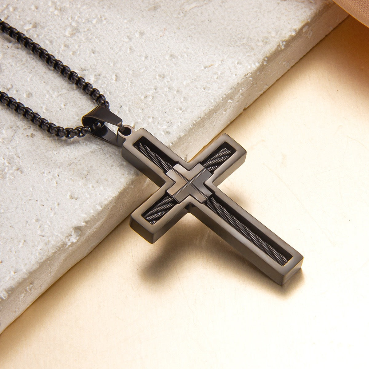 Trend cross titanium steel necklace steel wire punk versatile pendant European and American simple fashion men's pendant