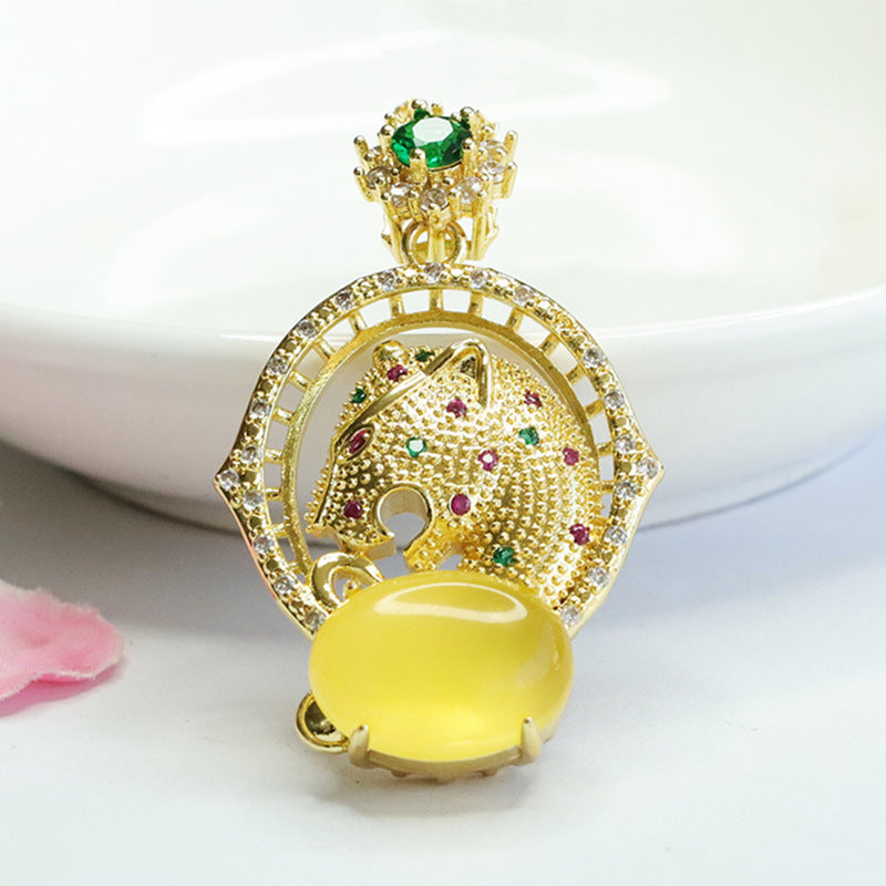 Yellow Amber Zircon Leopard Head Pendant Jewelry with Sterling Silver Honey Amber Gem