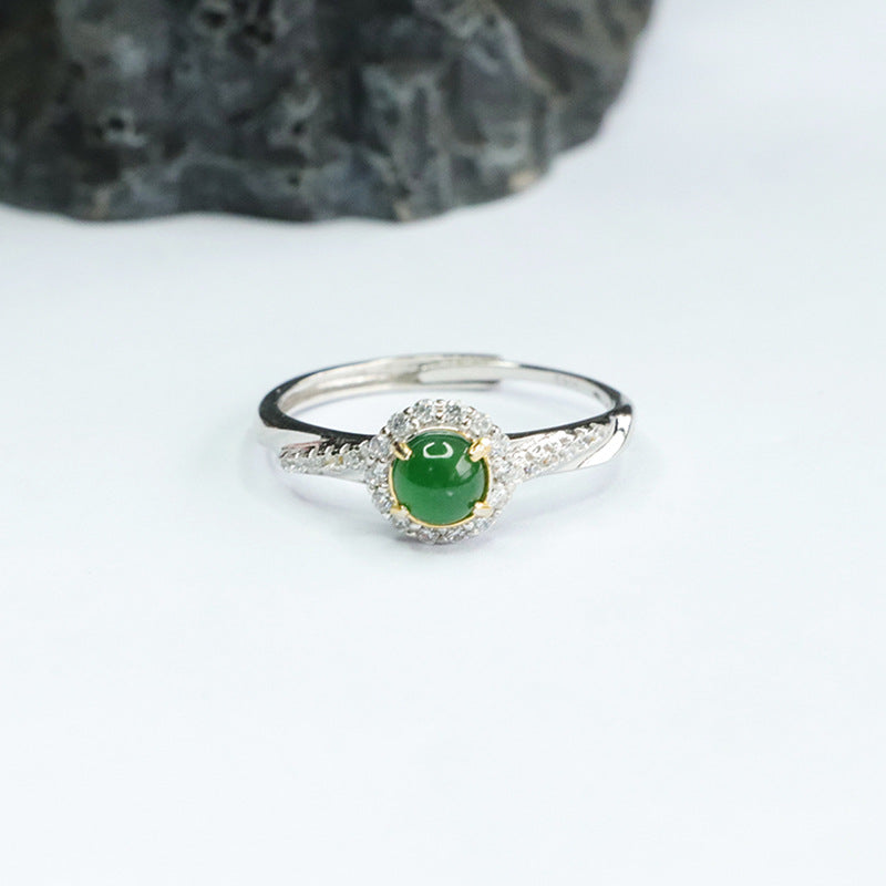 Emperor Green Jade Sterling Silver Zircon Ring With Adjustable Opening