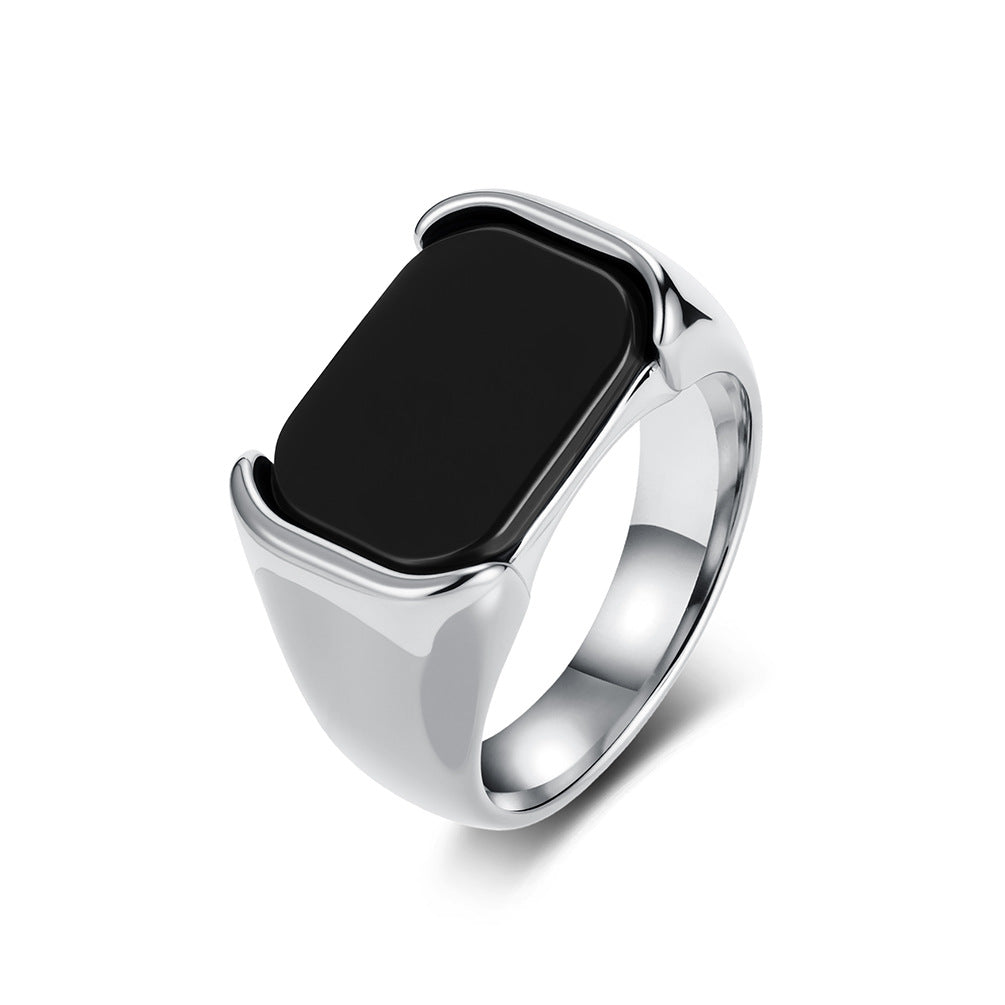 Planderful Glossy Black Gemstone Titanium Steel Ring For Everyday Wear Unisex Bold Minimal Jewelry Sizes 8 To 13