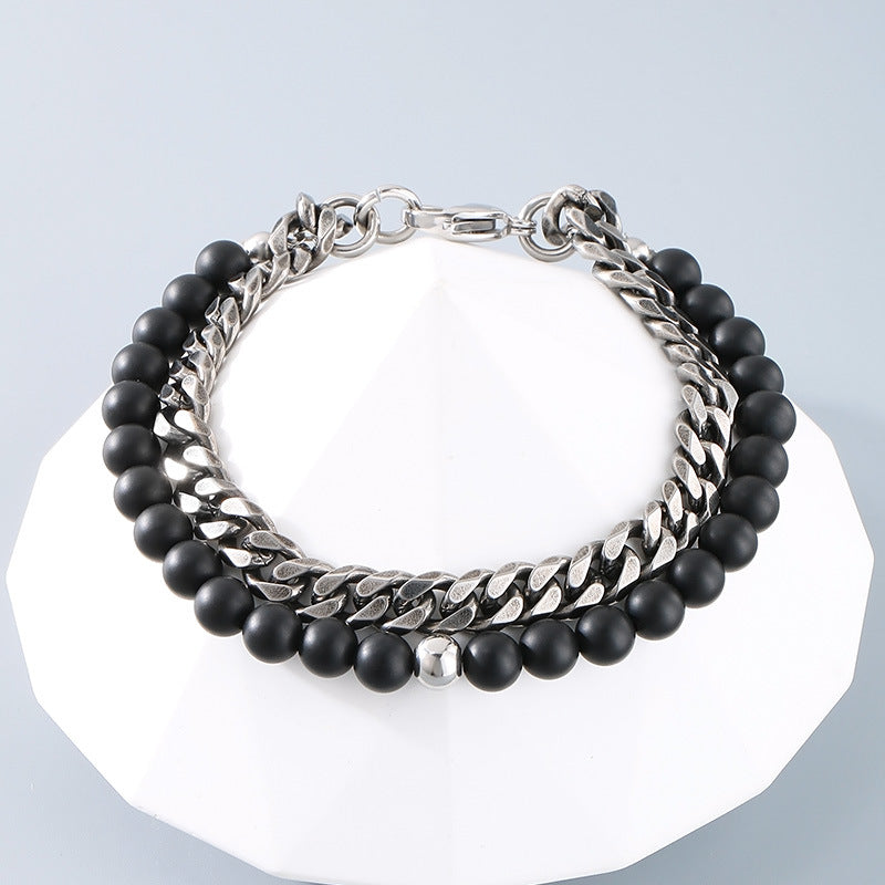 Planderful Mens Beaded Bracelet Black Agate Double Layer
