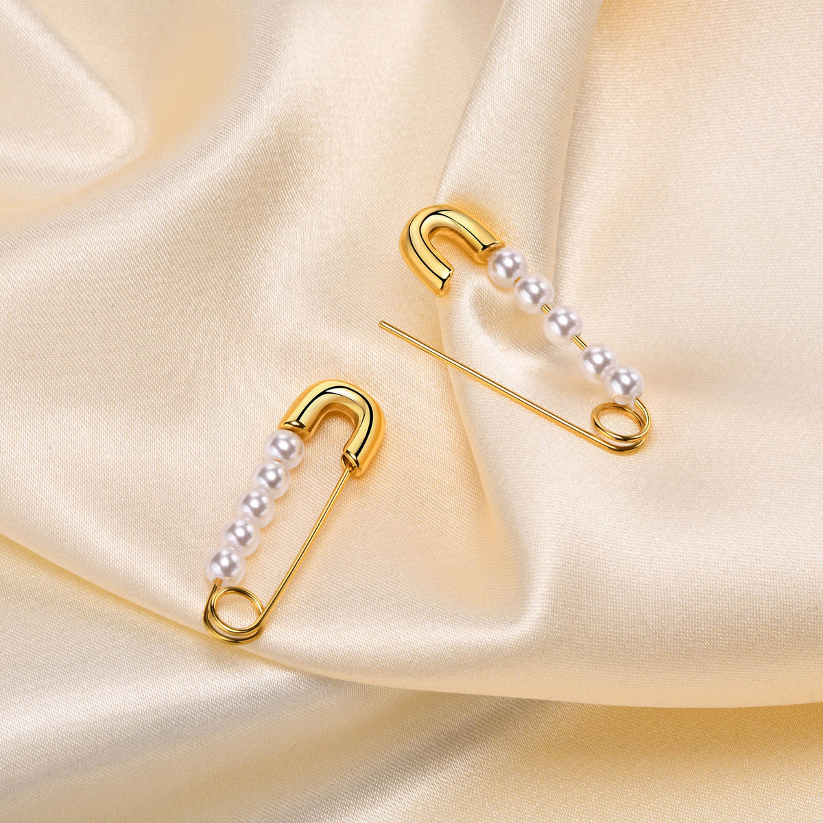 Gold-Tone Pearl Safety Pin Earrings