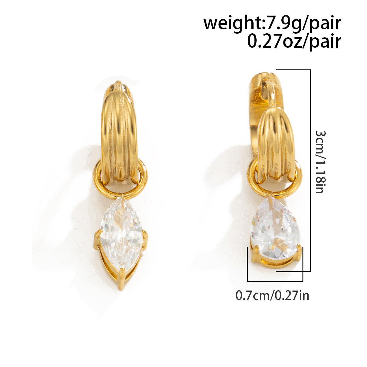 Planderful Gold Water Drop Zircon Vertical Texture Stainless Steel Statement Stud Earrings For Fashion Forward Women