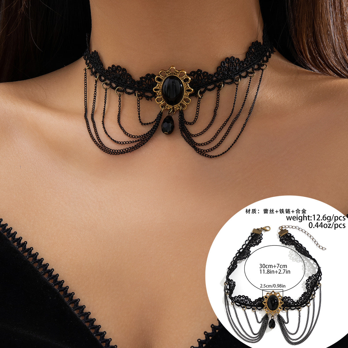 Gothic Lolita Necklace with Tassel Detail and Lace Collar