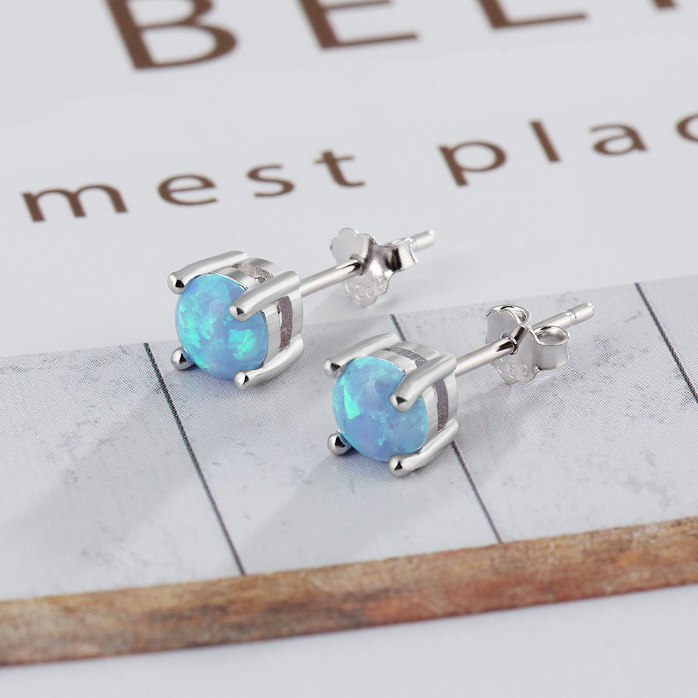 Planderful Jewelry Blue Opal Stud Earrings Sterling Silver