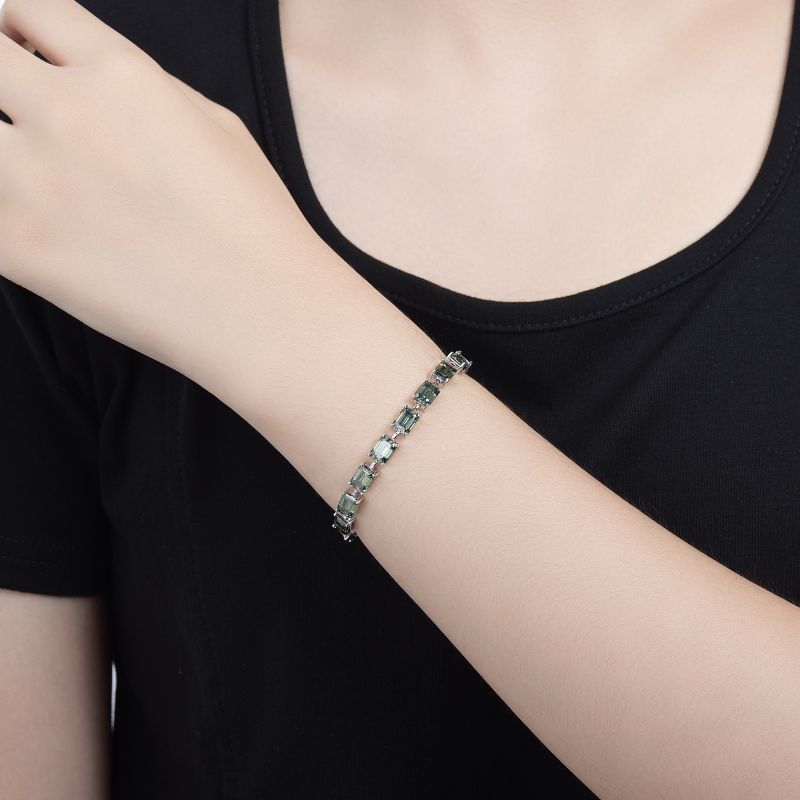 Planderful Moissanite Tennis Bracelet Emerald Cut 5x7mm Gleaming Green S925 Sterling Silver for Hip Hop Fans