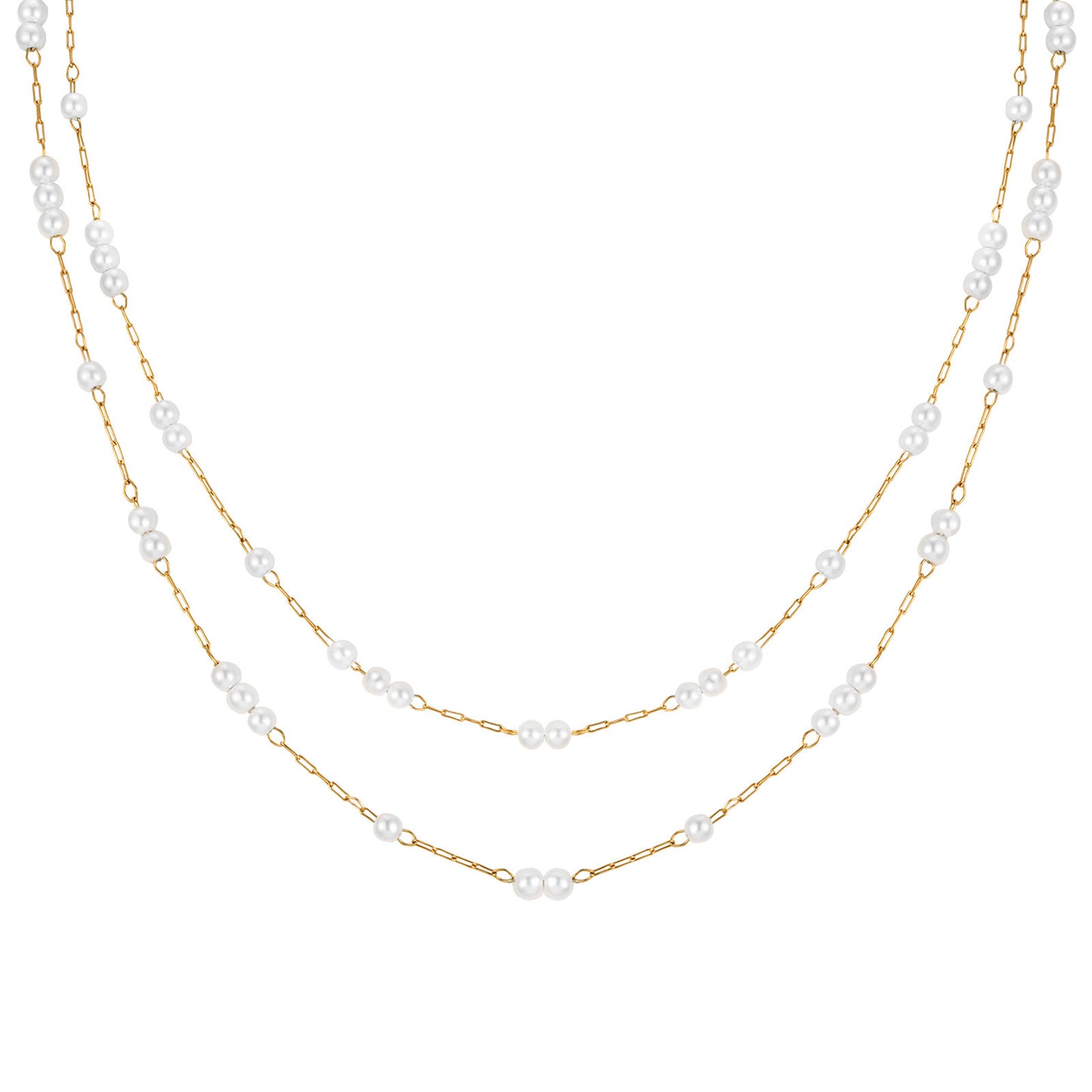 Ladies Stainless Steel Imitation Pearl Double Layer Stacked Gold Necklace