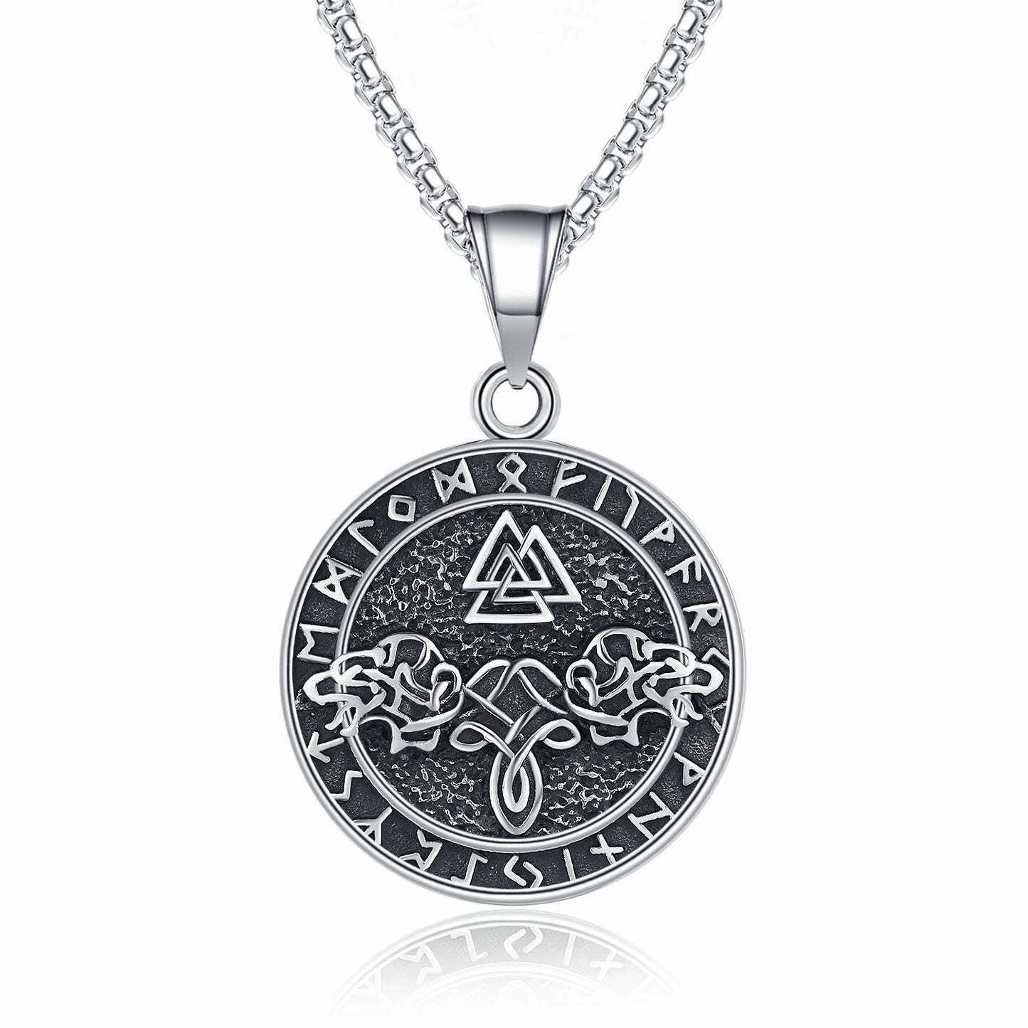 Steel Necklace – Statement Viking Rune Double Wolf Head