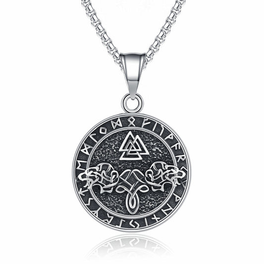 Steel Necklace – Statement Viking Rune Double Wolf Head