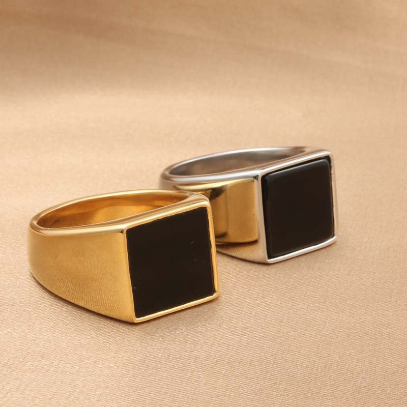 Men's Retro Titanium Steel Black Gemstone Square Ring - Trendy Epoxy Design, Available in Sizes 7-13