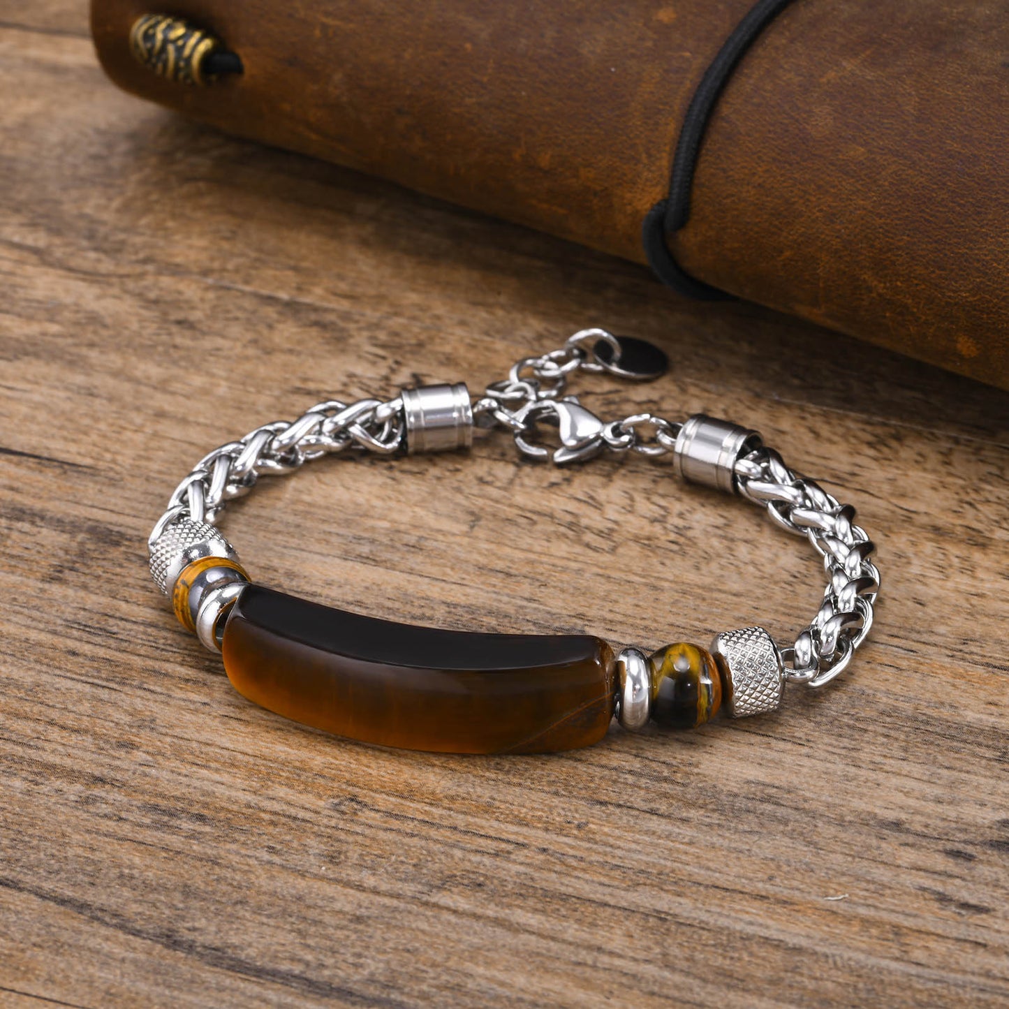 Stainless Steel Flower Basket Chain Black Agate Tiger's Eye Beaded Bracelet for Men
