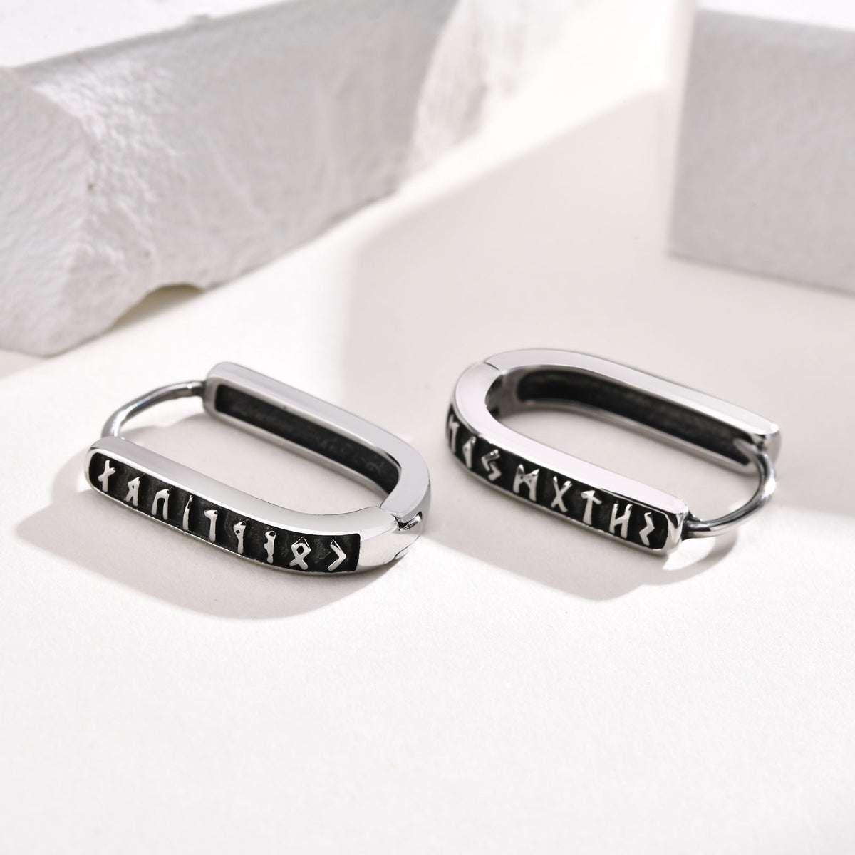 Norse Rune Rectangular Hoop Earrings — Silver Pair