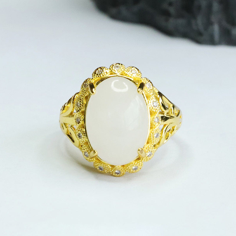 White Hetian Jade Cabochon Ring
