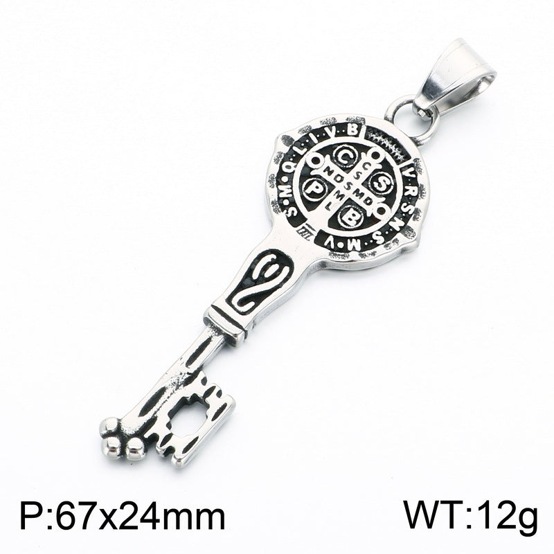 Gothic Snake Wrapped Rune Key Dark Vintage Labyrinth Cross Pattern Stainless Steel Necklace