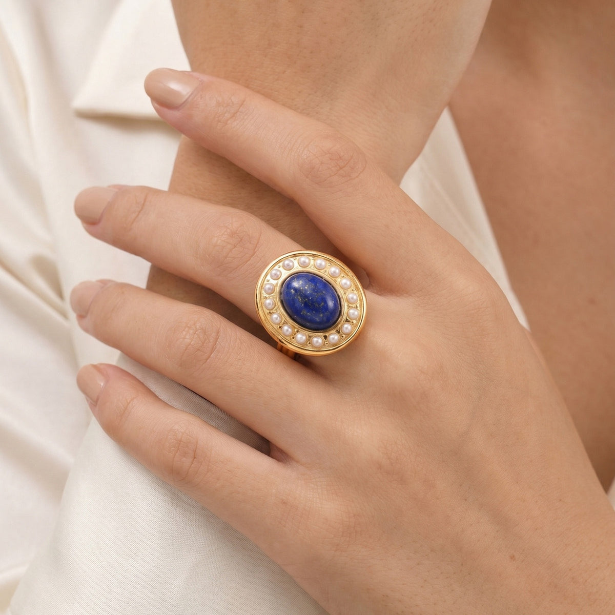 Stainless Steel Faux Pearl Oval Lapis Lazuli Open Ring – Style For Women – &