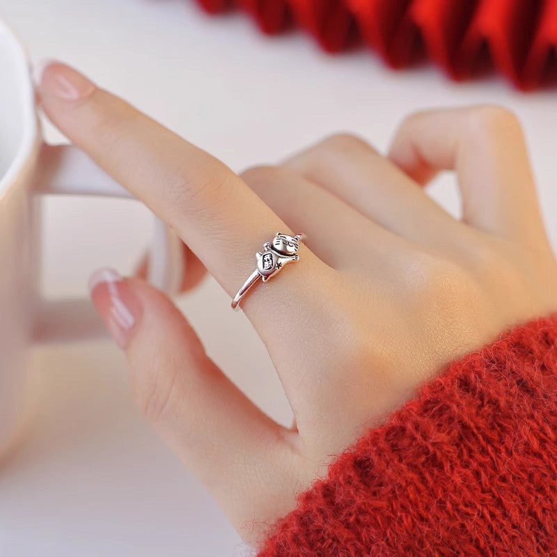 New 925 Sterling Silver Lucky Cat Ring Female Niche Design
