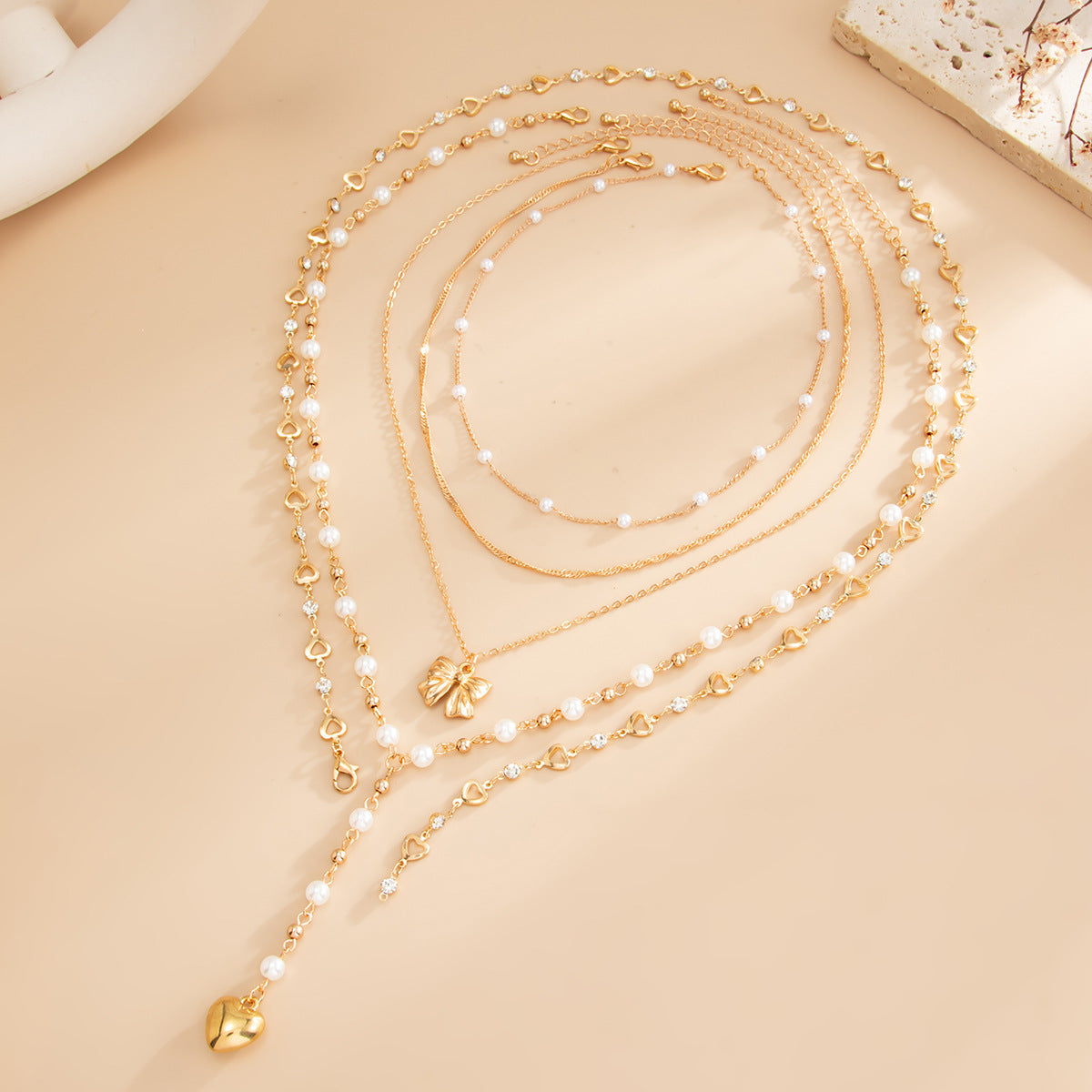 Multi-Layer Stacked Love Y-Shaped Pearl Necklace Spice Girl Long Bow Bead Chain