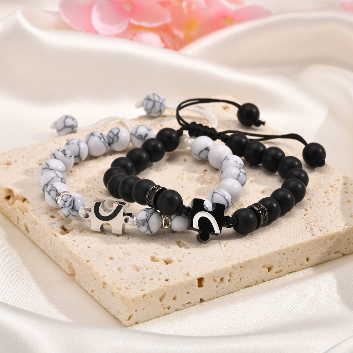 Adjustable Stainless Steel Corrosion Paint Half-Heart Puzzle Agate Turquoise Beaded Bracelet
