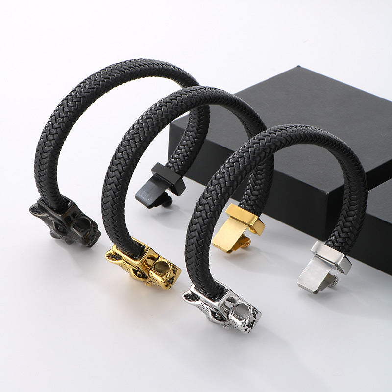 Planderful Mens Leather Wolf Head Bracelet Punk Style