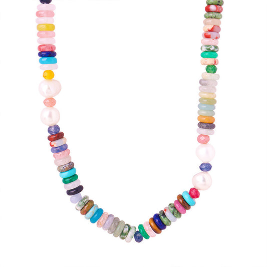 Baroque Freshwater Pearl Ethnic Style Handmade Necklace with Colorful Natural Stones for Women