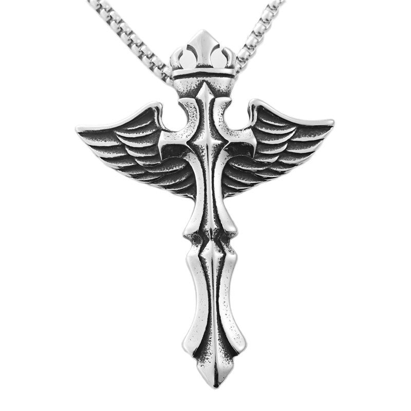 Titanium Steel Cross Pendant Necklace - Personalized Retro Punk Wing Design for Men