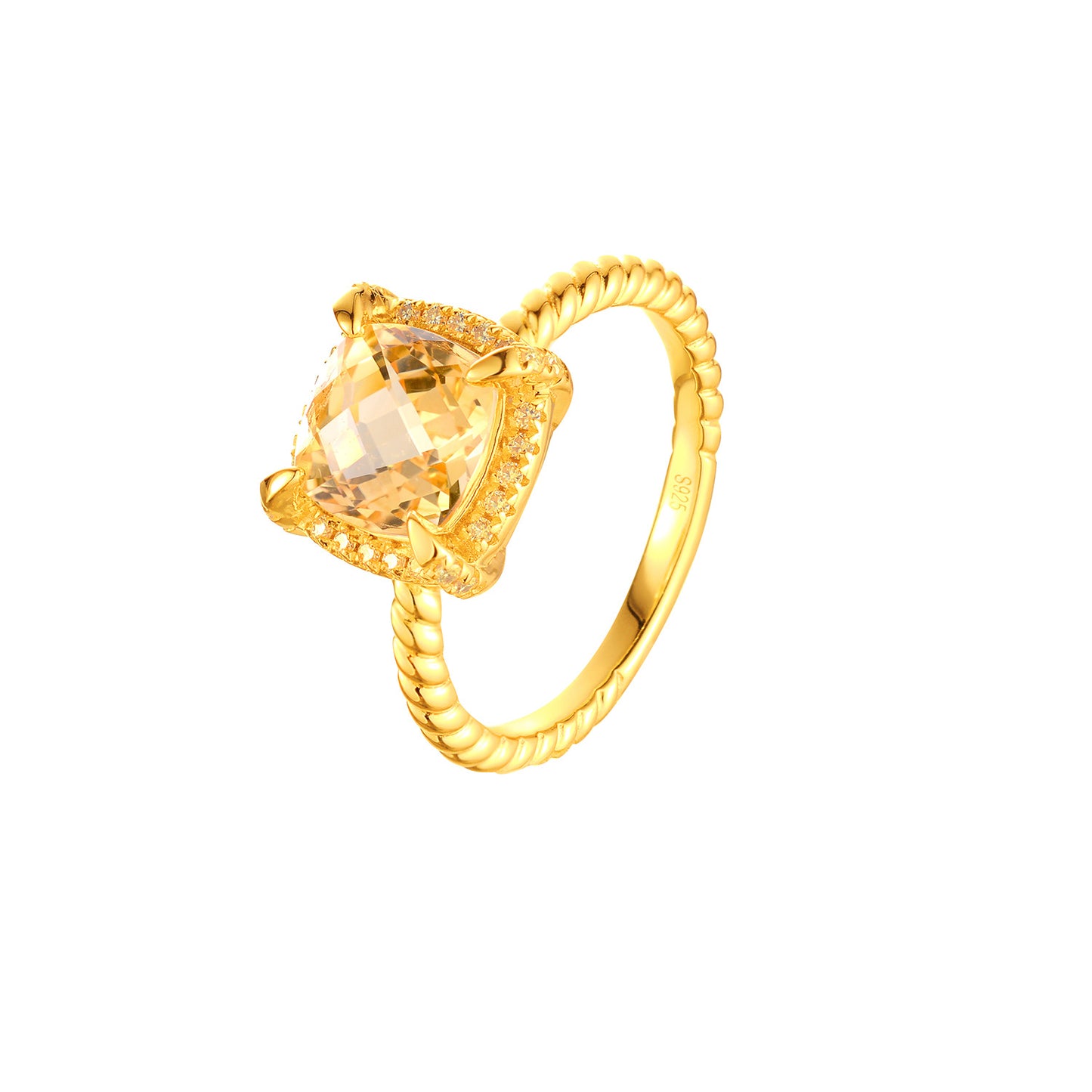 Soleste Halo Square Natural Yellow Crystal Silver Ring