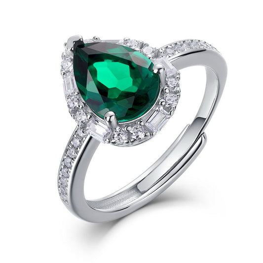 Planderful Jewelry Lab Grown Emerald Ring In Sterling Silver Pear Shape Halo Opening Adjustable