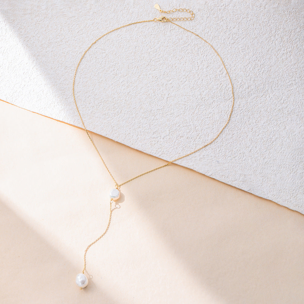 Planderful S925 Sterling Silver Y Shaped Pearl Necklace For Women Elegant Collarbone Jewelry